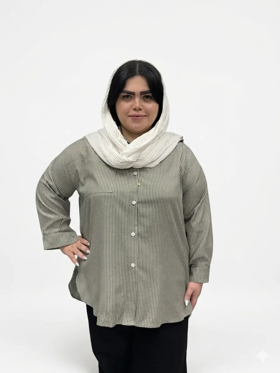 شومیز نخی راه راه یقه دار سایز بزرگ زنانه